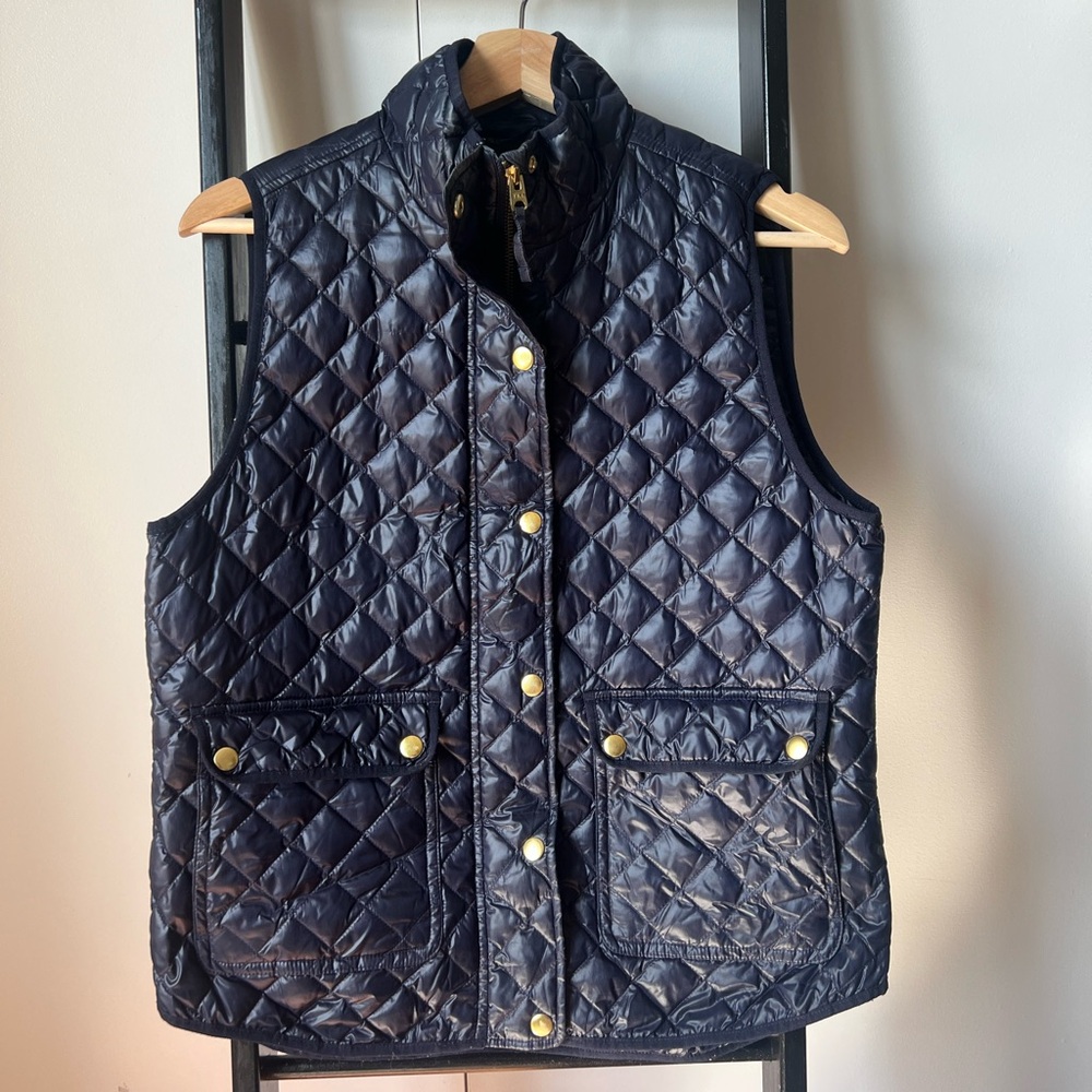 J Crew Quilted Navy Vest with Gold Buttons